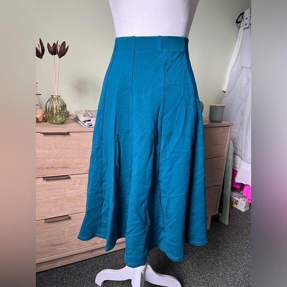Torquoise Blue Green Midi Knee-Length Panel Pleated Stretch Full Circle Skirt M - Picture 7 of 15